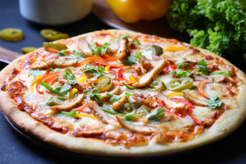 Garden Veggie pizza with colorful roasted vegetables